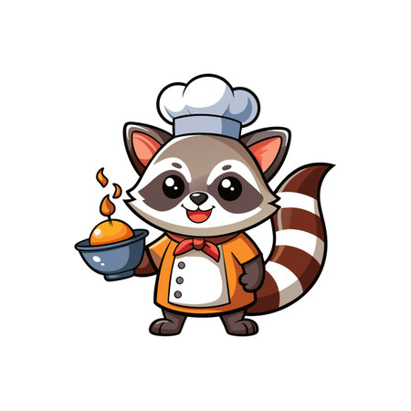 Cartoon Raccoon Chef Holding a Bowl of Flaming Dessertのイラスト素材