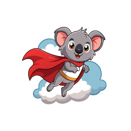 Cartoon koala superhero flying in the clouds cheerfullyのイラスト素材