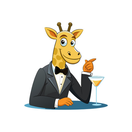 Cartoon giraffe character in tuxedo with cocktail at barのイラスト素材