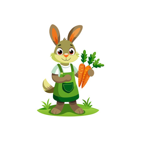 Happy cartoon rabbit gardener holding carrots on white backgroundのイラスト素材