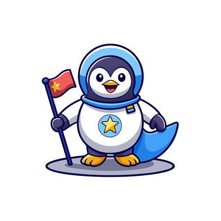 Astronaut penguin with flag standing on a small surfaceのイラスト素材