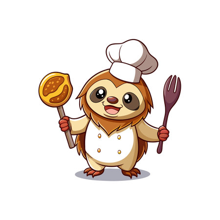 Cute sloth chef cooking with spoon and fork cartoonのイラスト素材