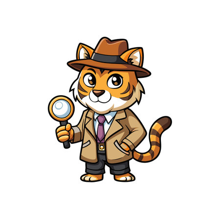 Cartoon tiger detective holding magnifying glass on white backgroundのイラスト素材