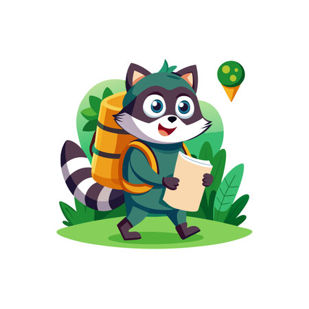 Cartoon raccoon with backpack and map in outdoor adventureのイラスト素材
