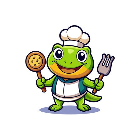 Cartoon frog chef with cooking utensils on white backgroundのイラスト素材