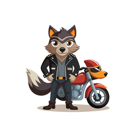 Cartoon wolf biker with motorcycle against white background imageのイラスト素材
