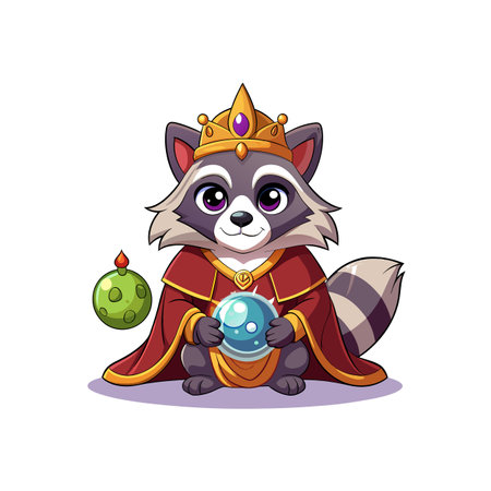 Cartoon raccoon king holding magic orb and staff cartoonのイラスト素材