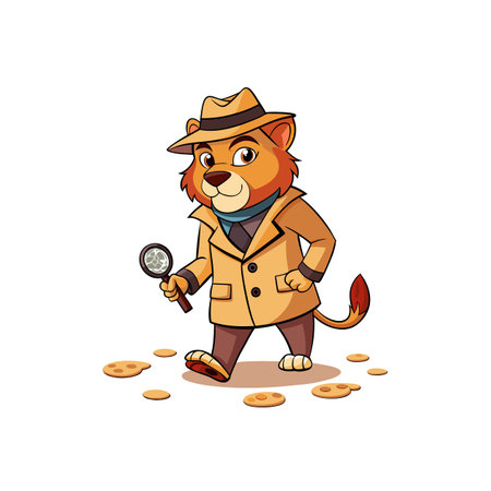 Cartoon lion detective investigating cookie crumbs with magnifying glassのイラスト素材