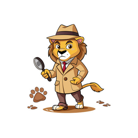 Cartoon lion detective with magnifying glass and paw printsのイラスト素材