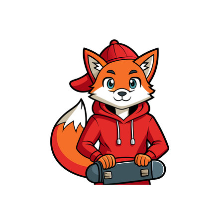 Cartoon fox with skateboard wearing hoodie and baseball capのイラスト素材