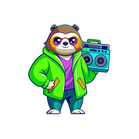 Funky Sloth Cartoon Character with Boombox on White Backgroundのイラスト素材