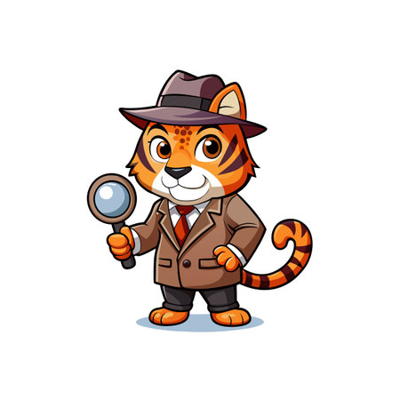 Tiger cartoon detective holding magnifying glass wearing hat and suitのイラスト素材