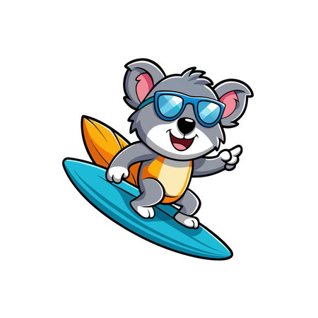Cheerful koala riding surfboard cartoon character with sunglassesのイラスト素材