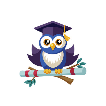 Graduation owl sitting on branch with diploma illustrationのイラスト素材