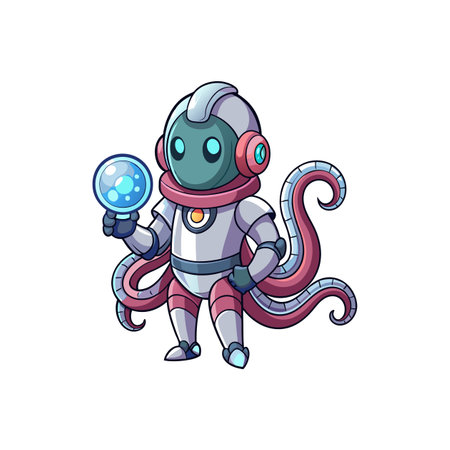 Robot octopus character holding magnifying glass on white backgroundのイラスト素材