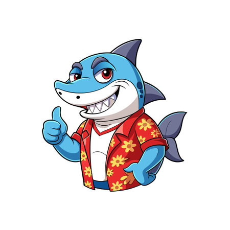 Cartoon Shark Wearing Hawaiian Shirt Giving a Thumbs Upのイラスト素材