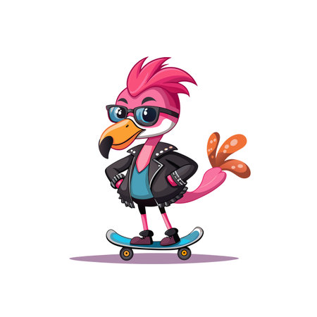Cartoon flamingo riding skateboard wearing jacket and sunglassesのイラスト素材