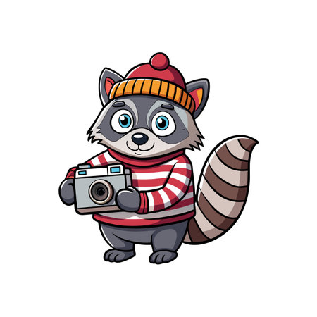 Cute cartoon raccoon photographer wearing hat and striped sweaterのイラスト素材