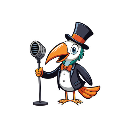 Cartoon toucan character singing into a vintage microphone standのイラスト素材
