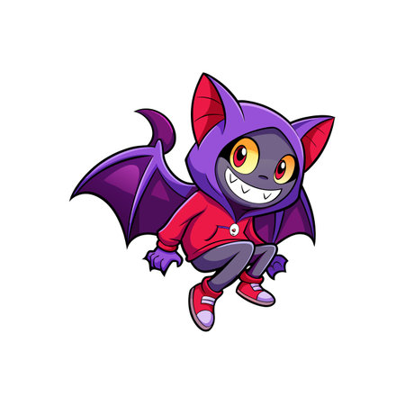 Cartoon bat character with hoodie, wings, and big smileのイラスト素材