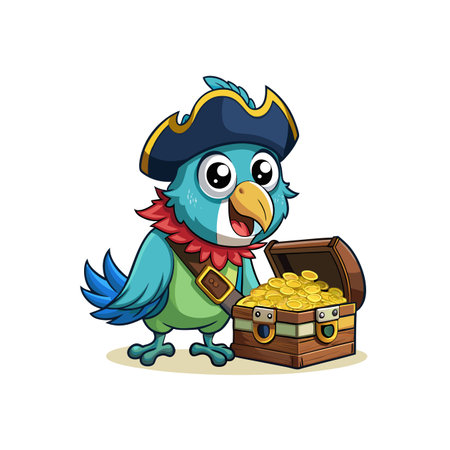 Cartoon pirate parrot with treasure chest full of coinsのイラスト素材