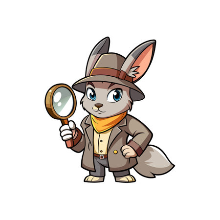 Cartoon fox detective holding magnifying glass on white backgroundのイラスト素材