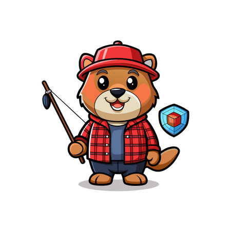 Cartoon Beaver Fishing with Security Shield Illustration Vectorのイラスト素材