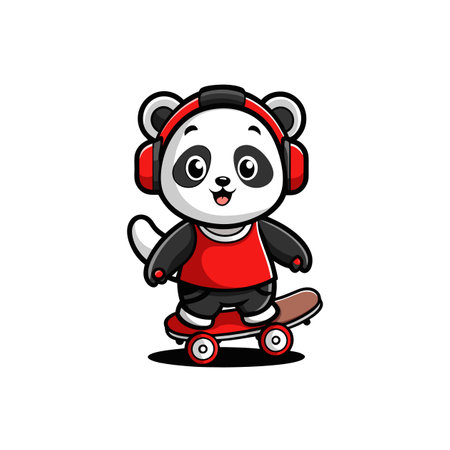 Cartoon panda enjoying skateboarding while listening music with headphonesのイラスト素材