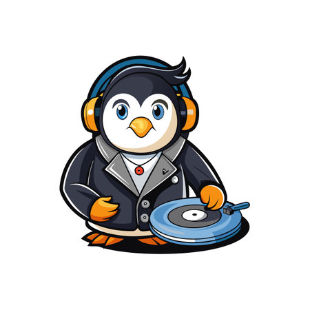Animated DJ Penguin Mixing Music on Turntable Wearing Headphonesのイラスト素材