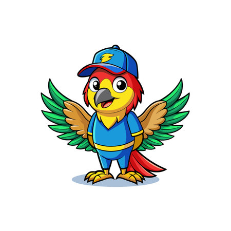 Cartoon parrot character wearing a baseball cap and outfitのイラスト素材