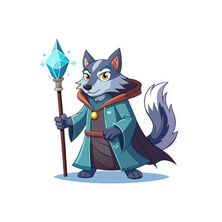 Cartoon Wolf Wizard with Magic Crystal Staff Illustrationのイラスト素材
