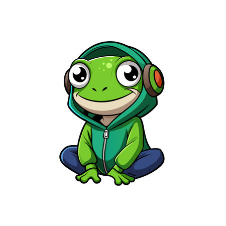 Cartoon frog wearing hoodie and headphones sitting cross leggedのイラスト素材