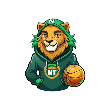 Cartoon Lion Mascot Holding Basketball Wearing Hoodie Illustrationのイラスト素材
