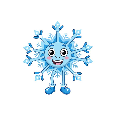 Cheerful Cartoon Snowflake Character Standing on White Backgroundのイラスト素材