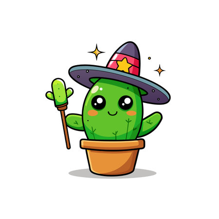 Cartoon Cactus Wizard Character in a Pot with Wandのイラスト素材