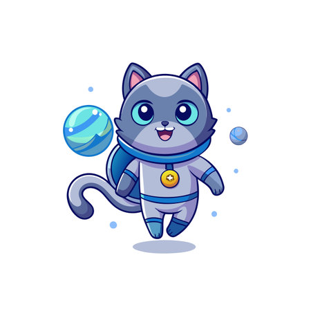 Cute cartoon cat astronaut with planets in spaceのイラスト素材