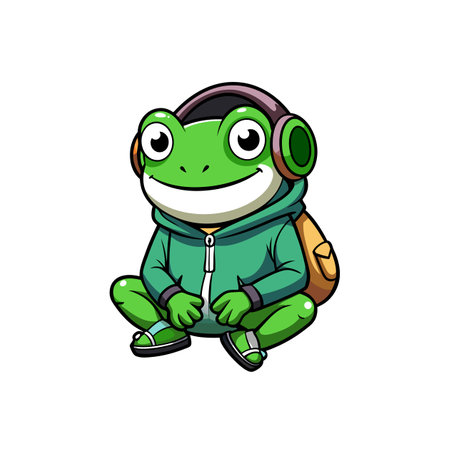 Cartoon frog with headphones and backpack sitting down illustrationのイラスト素材