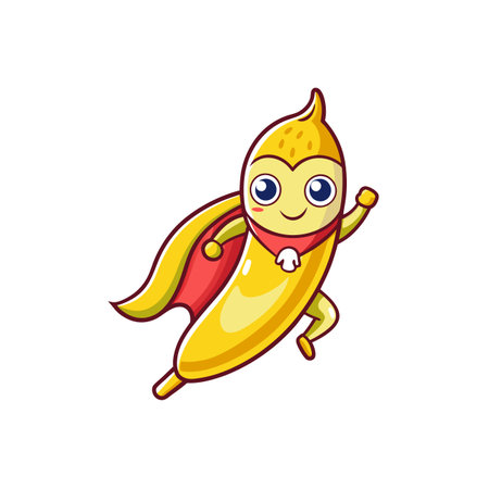 Cartoon banana superhero character with red cape illustrationのイラスト素材