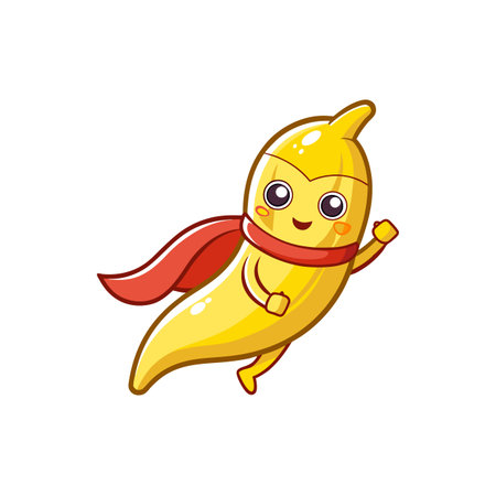 Cartoon banana superhero character flying with red capeのイラスト素材
