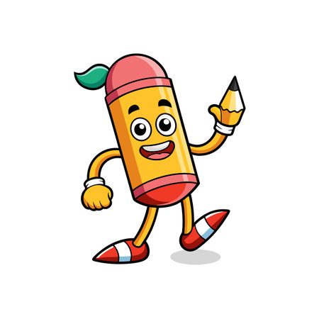 Cartoon pencil character holding smaller pencil, smiling widelyのイラスト素材