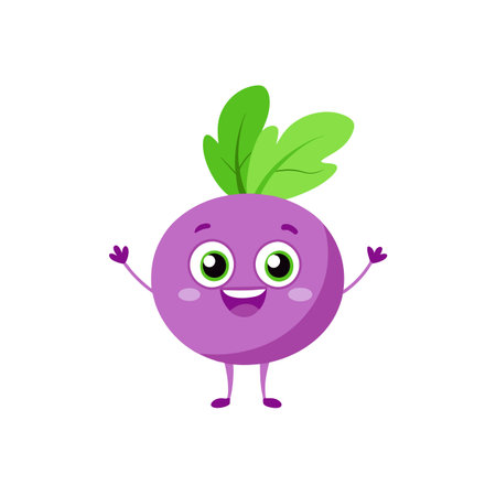 Cute Purple Turnip Cartoon Character with Happy Expressionのイラスト素材