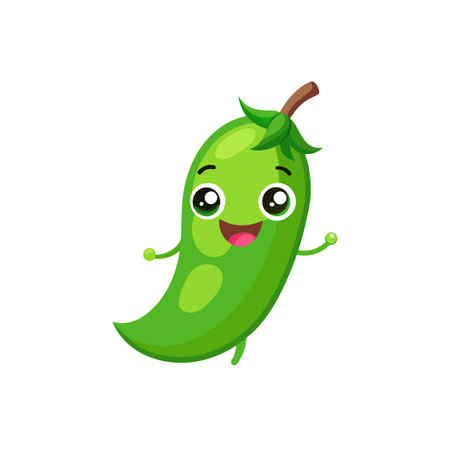 Cartoon smiling green pea pod character on white backgroundのイラスト素材
