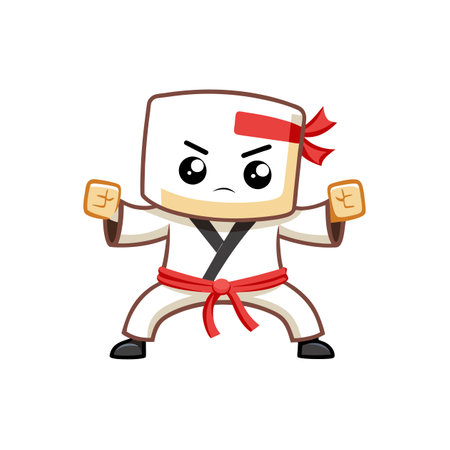 Cute cartoon tofu martial artist stands ready for actionのイラスト素材
