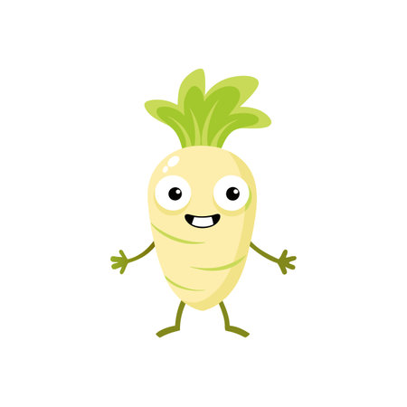 Cartoon Turnip Character with Smiling Face and Green Leavesのイラスト素材