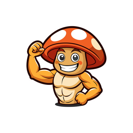 Cartoon mushroom character with muscular body showing off bicepsのイラスト素材