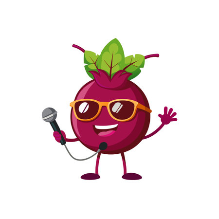 Cartoon Beetroot Character Singing with Microphone, Smiling Happilyのイラスト素材