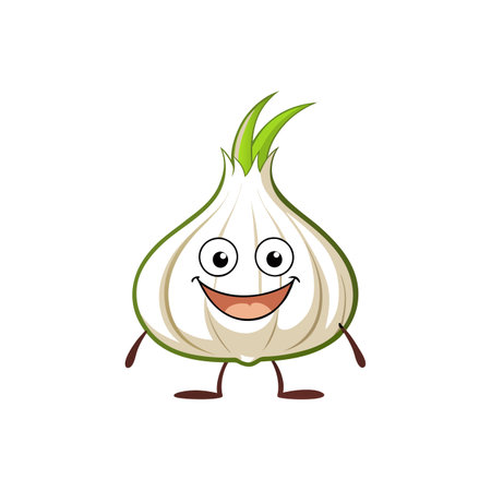Cartoon garlic character with happy expression and cheerful faceのイラスト素材