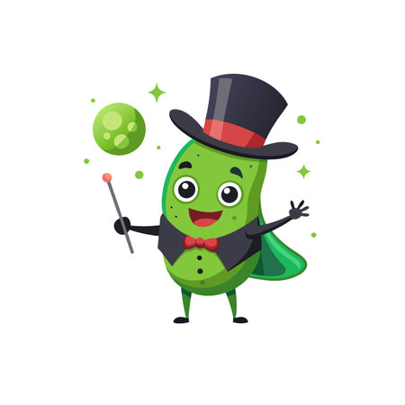Green Pickle Magician Character Performing Magic Trick with Wandのイラスト素材