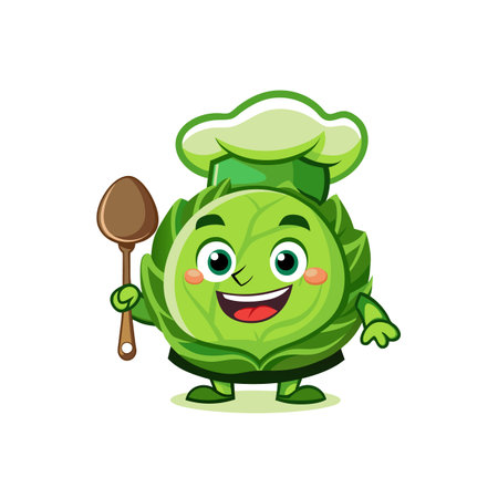 Happy cartoon Brussels sprout chef character holding wooden spoonのイラスト素材