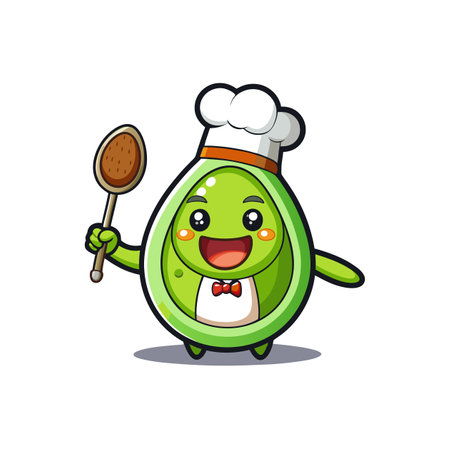 Cute cartoon avocado chef character holding wooden spoon illustrationのイラスト素材
